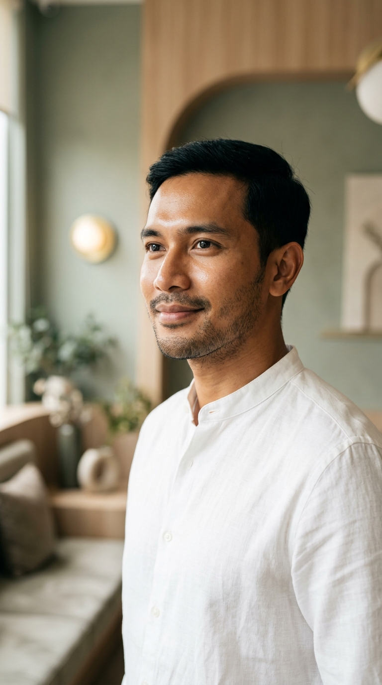 Pria Indonesia tersenyum tenang dengan kulit wajah bersih, halus, dan sehat setelah perawatan Acne Injection di klinik estetika modern