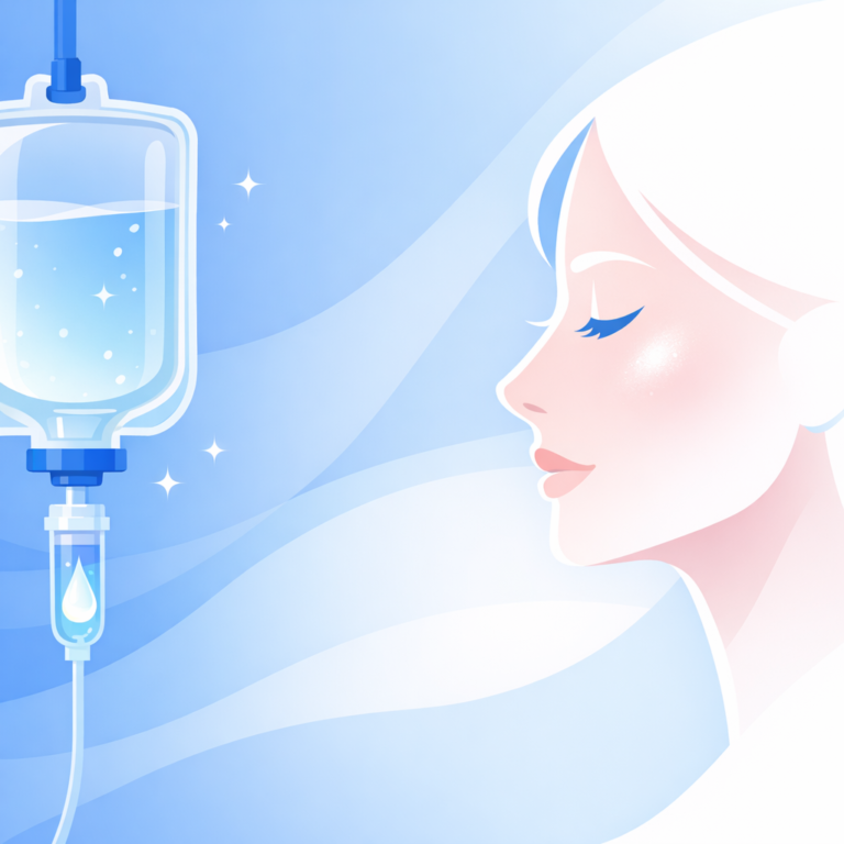 Ilustrasi modern infus whitening IV drip dengan konsep kulit cerah glowing di Skinex Clinic Bintaro