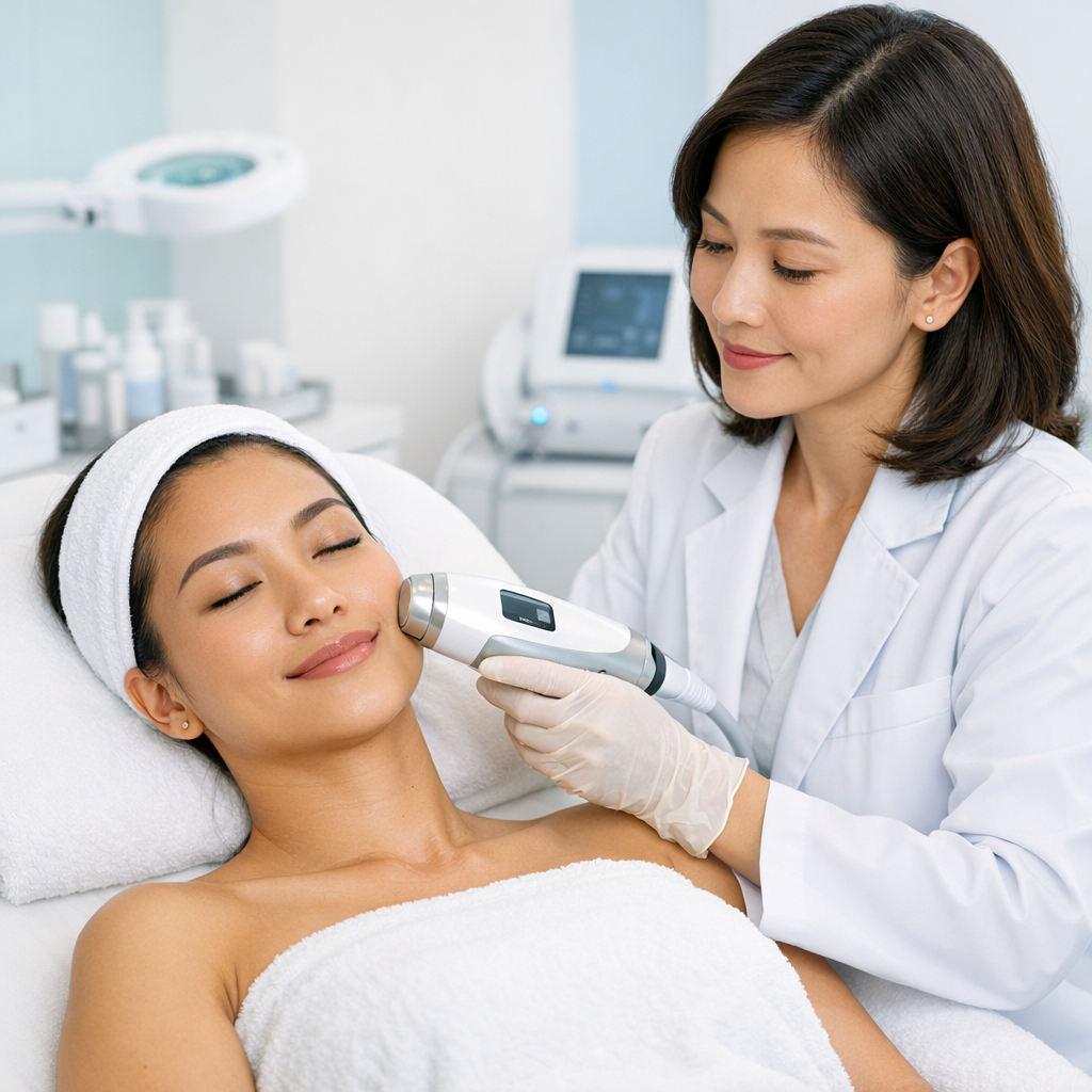 Pasien wanita Indonesia menjalani treatment bekas jerawat dengan dokter estetika di Skinex Clinic Bintaro