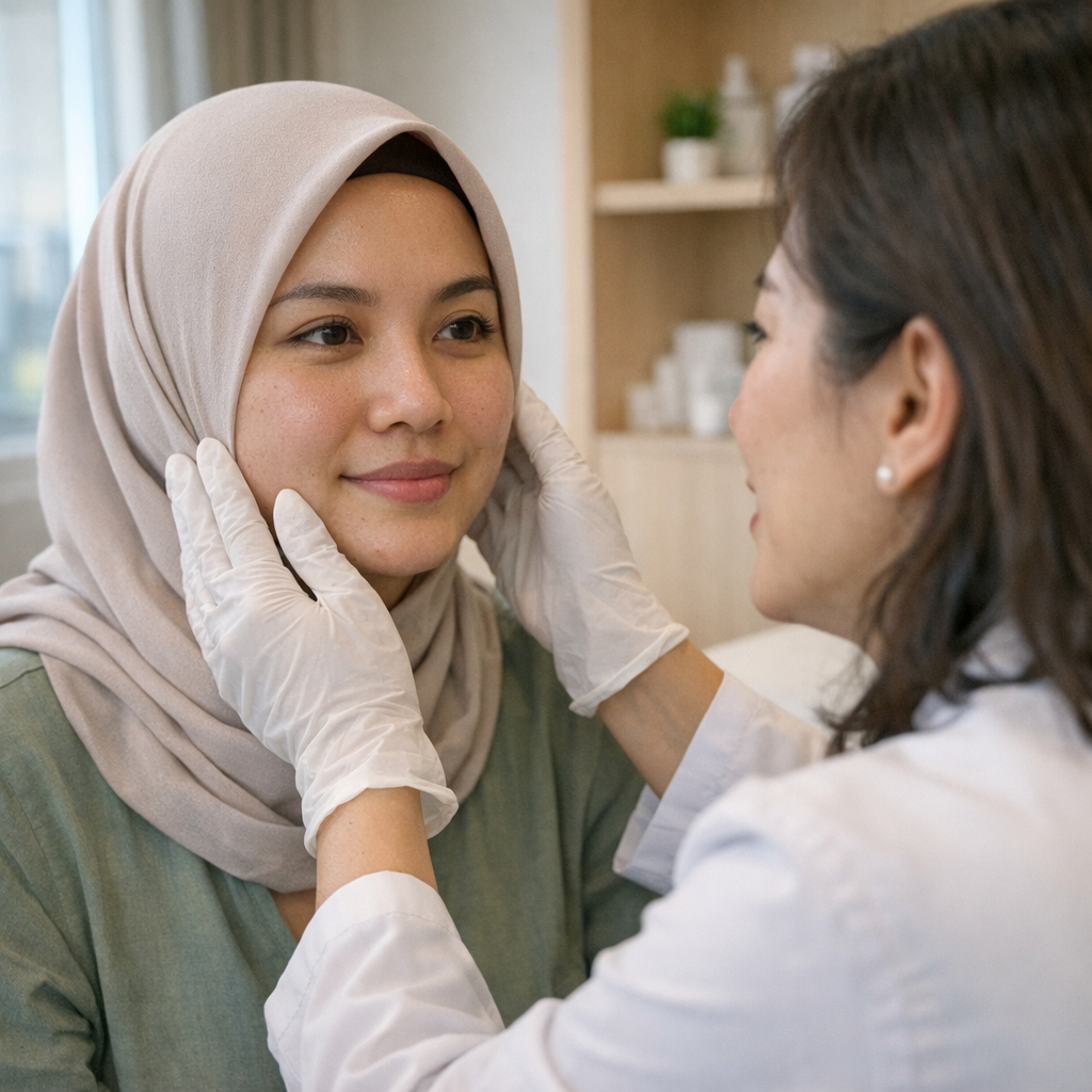 Wanita Indonesia berhijab berkonsultasi dengan dokter mengenai keamanan filler dan tanam benang