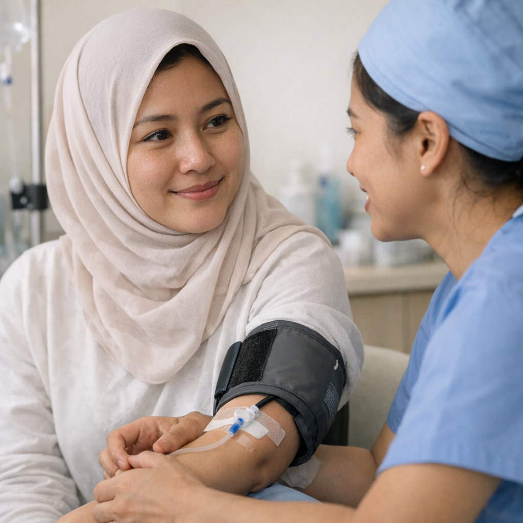 Wanita Indonesia berhijab diperiksa perawat saat menjalani infus whitening