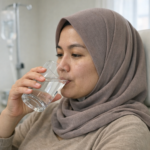 Wanita Indonesia berhijab minum air putih sebagai bagian dari panduan sebelum sesudah infus whitening
