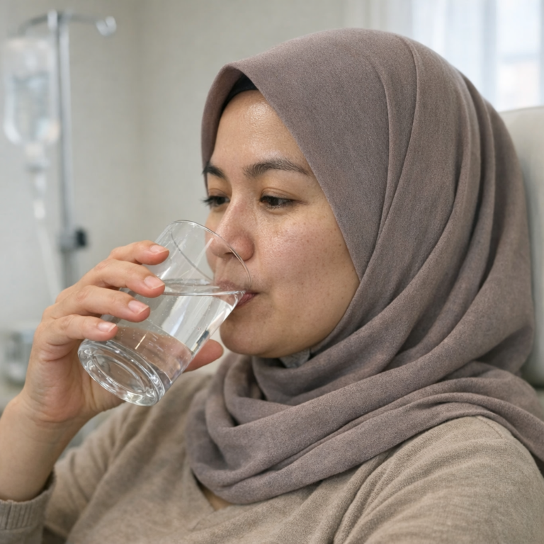 Wanita Indonesia berhijab minum air putih sebagai bagian dari panduan sebelum sesudah infus whitening