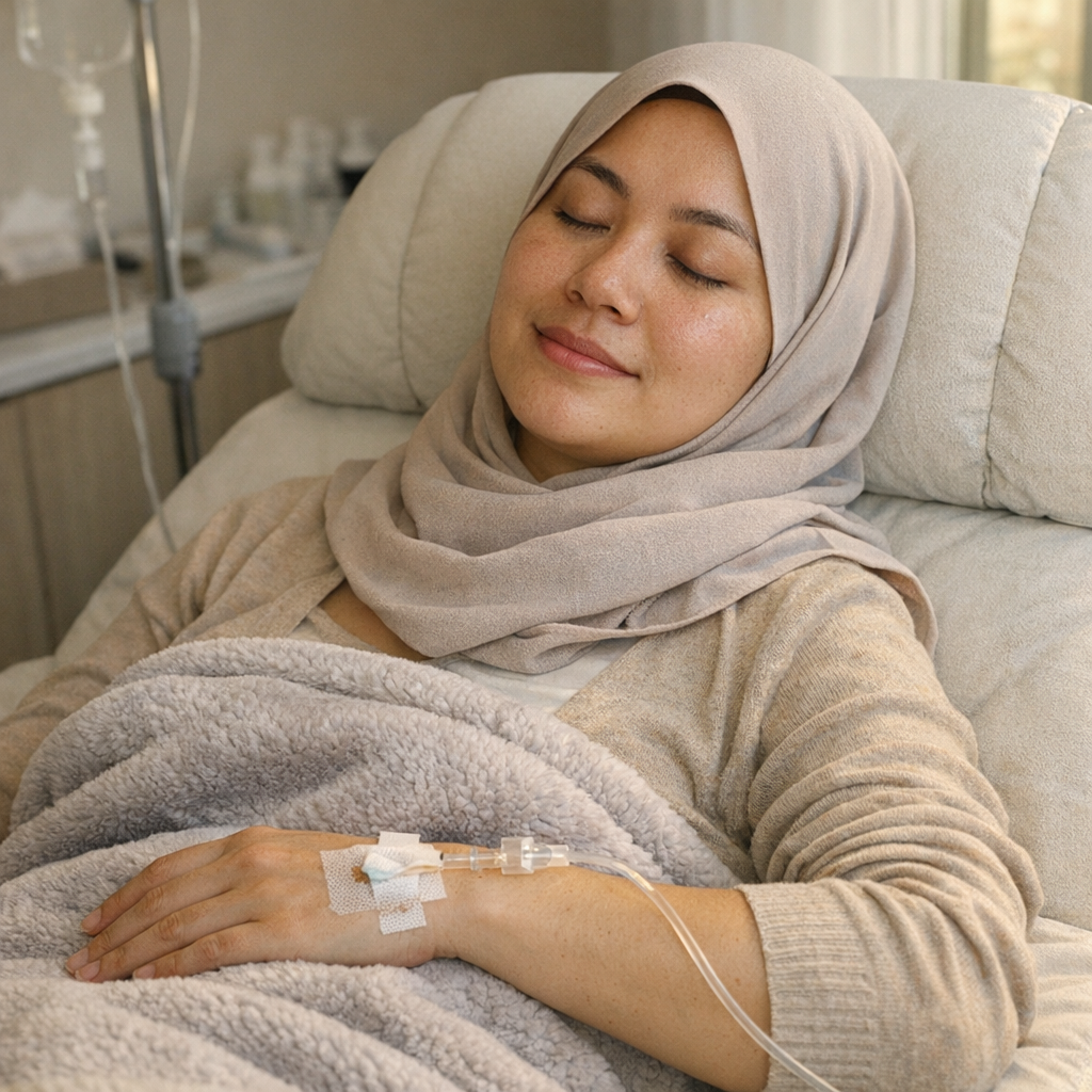 Wanita Indonesia berhijab menjalani prosedur infus whitening dengan tenang