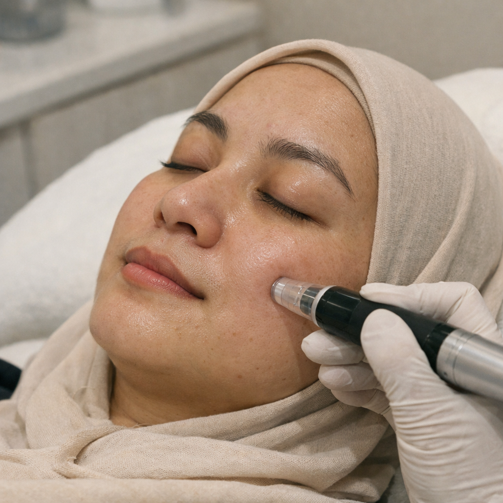 Wanita Indonesia berhijab menjalani treatment microneedling Dermapen untuk bekas jerawat
