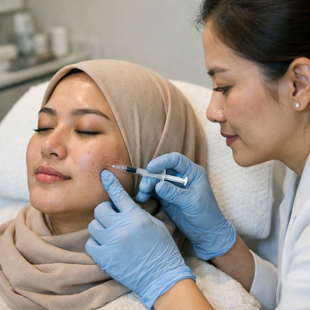 Wanita Indonesia berhijab menjalani treatment Juvelook untuk rolling scar bekas jerawat