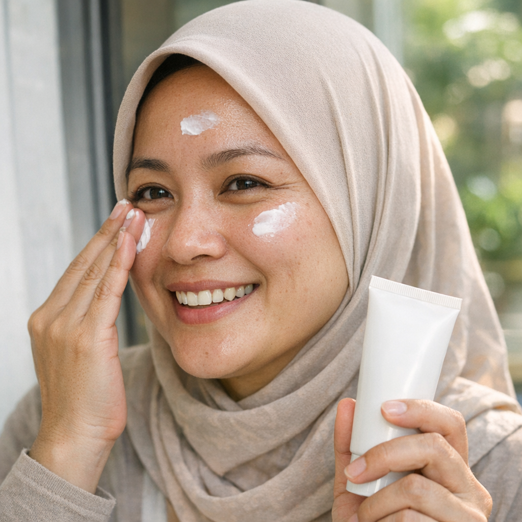 Wanita Indonesia berhijab mengaplikasikan sunscreen sebagai panduan SPF untuk iklim Indonesia