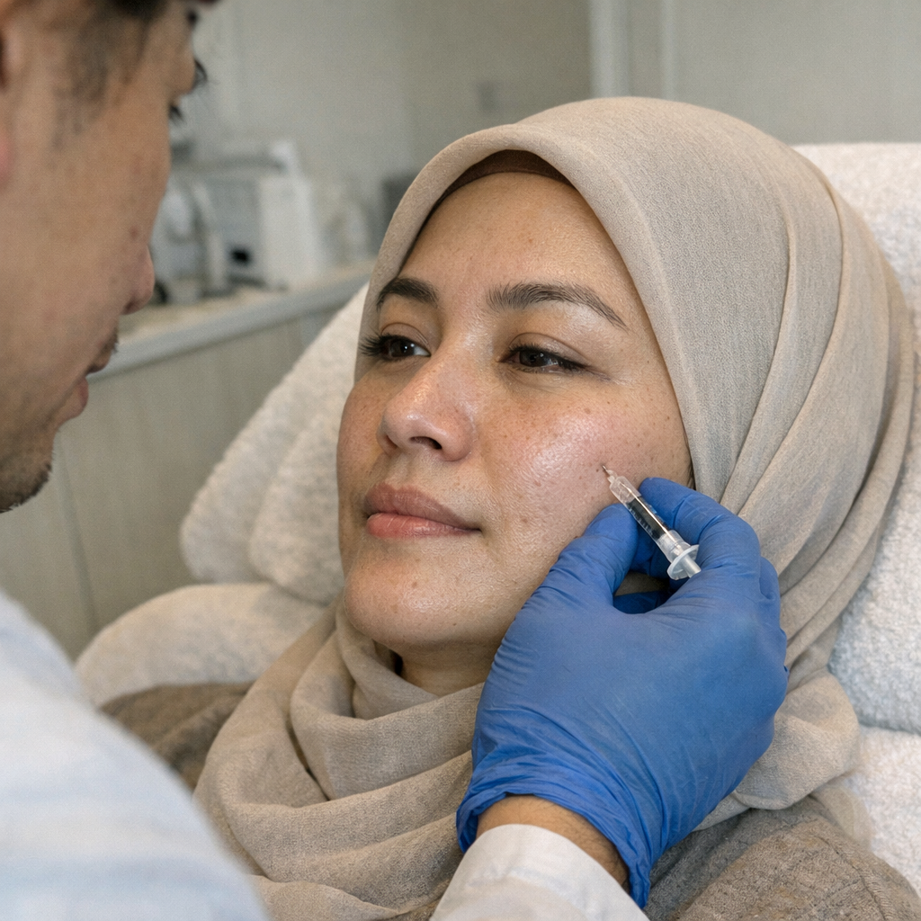 Wanita Indonesia berhijab menjalani perawatan Juvelook di Skinex Clinic