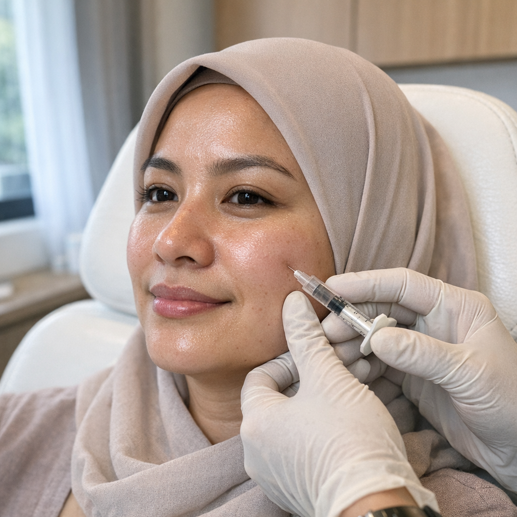 Wanita Indonesia berhijab menjalani treatment Profhilo untuk kulit glowing