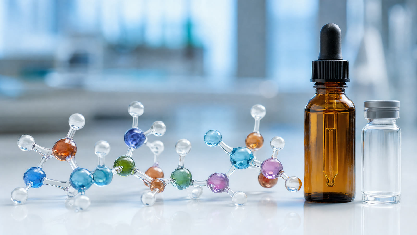 Model molekul rantai peptide dari manik asam amino di samping botol serum dan vial tanpa label