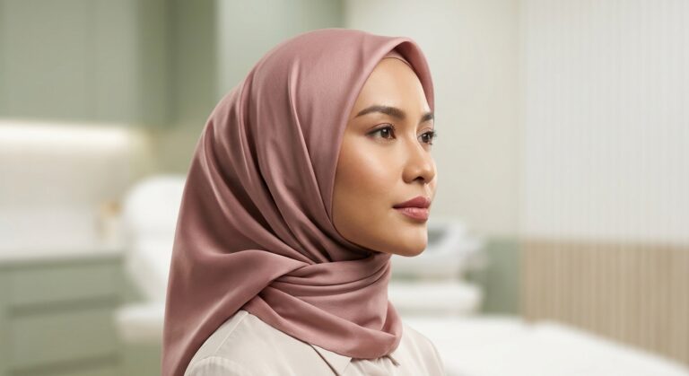 Wanita Indonesia berhijab dengan kontur wajah tegas dan garis rahang yang terdefinisi setelah perawatan Collagen Stimulator CaHA di klinik estetika