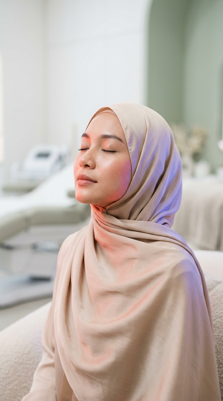 Wanita Indonesia berhijab tampak tenang dan rileks saat menjalani perawatan Dermalux LED light therapy dengan pencahayaan merah dan biru lembut di klinik estetika medis