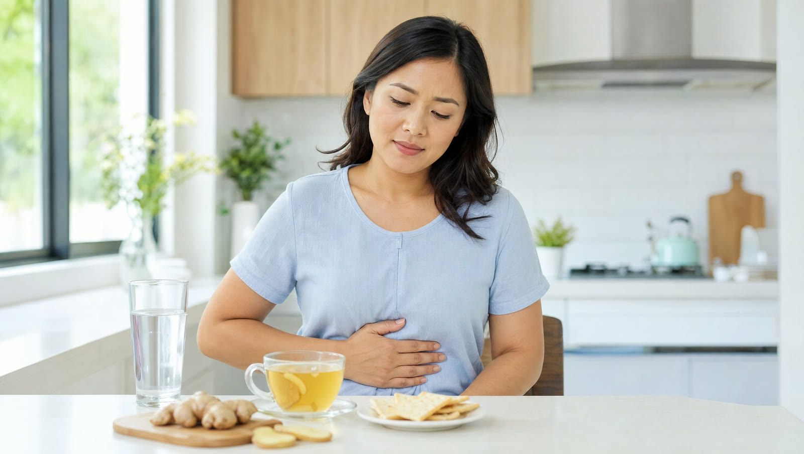 Wanita duduk di meja dapur memegang perut dengan air putih dan teh jahe, ilustrasi mual sebagai efek samping GLP-1