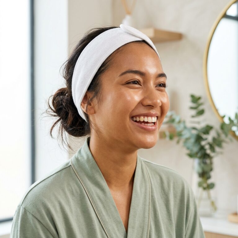 Wanita Indonesia tersenyum ceria dengan kulit wajah segar, bersih, dan glowing setelah menjalani Express Facial di klinik kecantikan modern