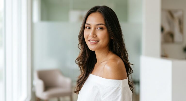 Wanita Indonesia tersenyum percaya diri dengan kulit bahu dan lengan halus bebas bulu setelah perawatan Laser Hair Removal di klinik estetika modern