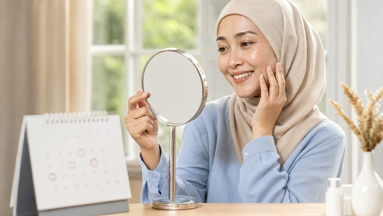 Wanita berhijab tersenyum melihat pipinya yang lebih kencang di cermin, ilustrasi hasil Juvelook dari waktu ke waktu