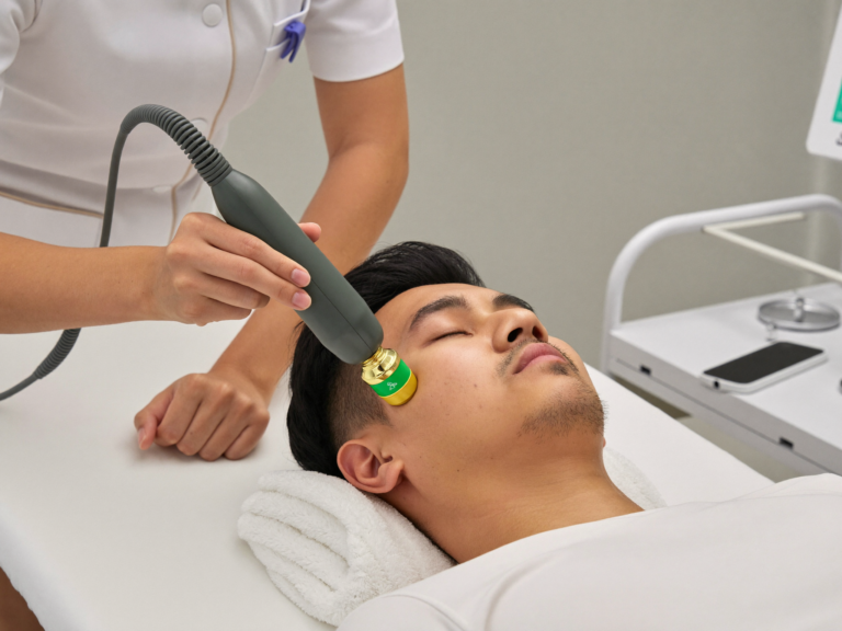 Indonesian man receiving RF facial treatment