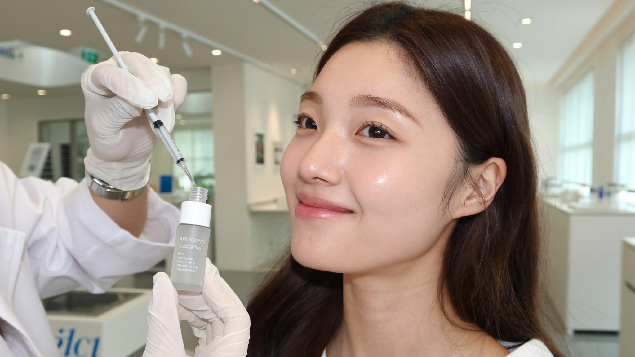 Korean woman with glass-skin glow during a skin booster treatment at Skinex clinic