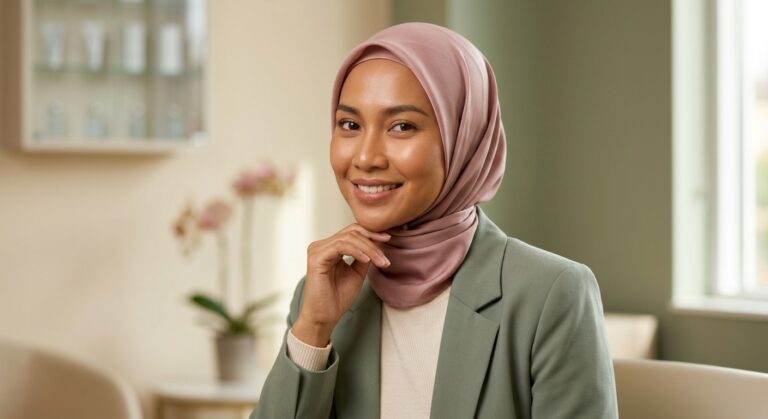 Wanita Indonesia berhijab tersenyum tenang dengan kulit wajah halus dan sehat, mencerminkan hasil perawatan suntik keloid di klinik estetika medis