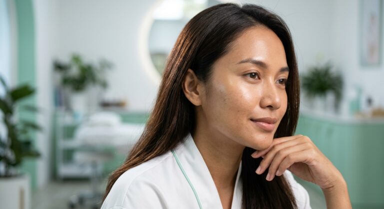 Wanita Indonesia tanpa hijab dengan kulit wajah cerah, halus, dan tenang setelah perawatan Korean Acne Peel di klinik kecantikan modern