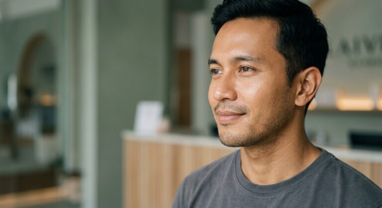 Pria Indonesia dengan kulit wajah tenang, bersih, dan seimbang setelah perawatan LHALA Peel di Skinex Clinic