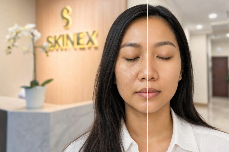 Perbandingan pori-pori besar sebelum dan sesudah perawatan di Skinex Clinic Bintaro