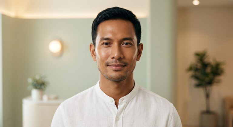 Pria Indonesia dengan kulit wajah kencang dan tampak muda setelah perawatan RF Treatment di klinik estetika medis