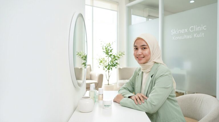 Model Indonesia berhijab untuk artikel skincare kulit berjerawat Skinex Clinic