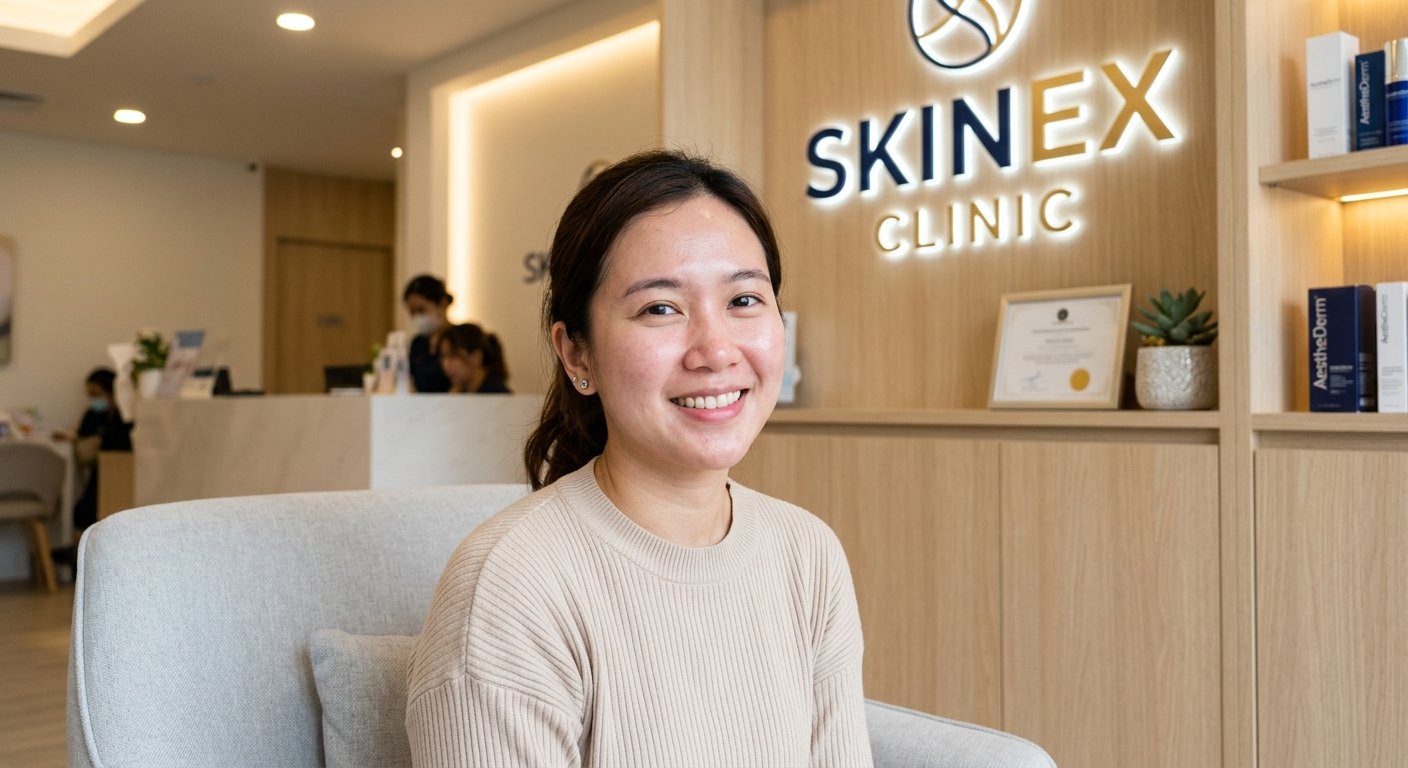 Wanita Indonesia dengan kulit halus tanpa bekas jerawat setelah microneedling di Skinex Clinic Bintaro