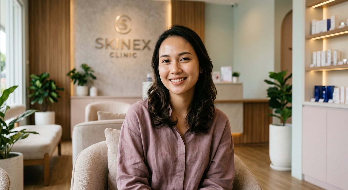 Wanita Indonesia dengan kulit cerah merata setelah chemical peel di Skinex Clinic Bintaro