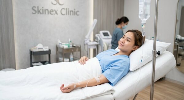 Efek Samping Infus Whitening – Skinex Clinic Bintaro Pasien wanita Indonesia menjalani infus whitening di Skinex Clinic Bintaro dengan pengawasan dokter