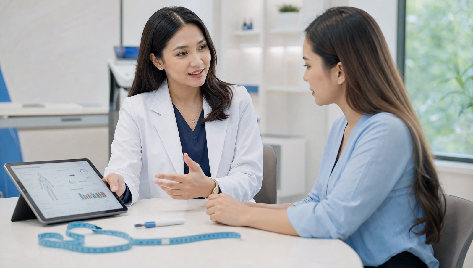 Dokter Skinex Clinic Bintaro menjelaskan program suntik kurus kepada pasien dengan pen injeksi dan meteran di meja