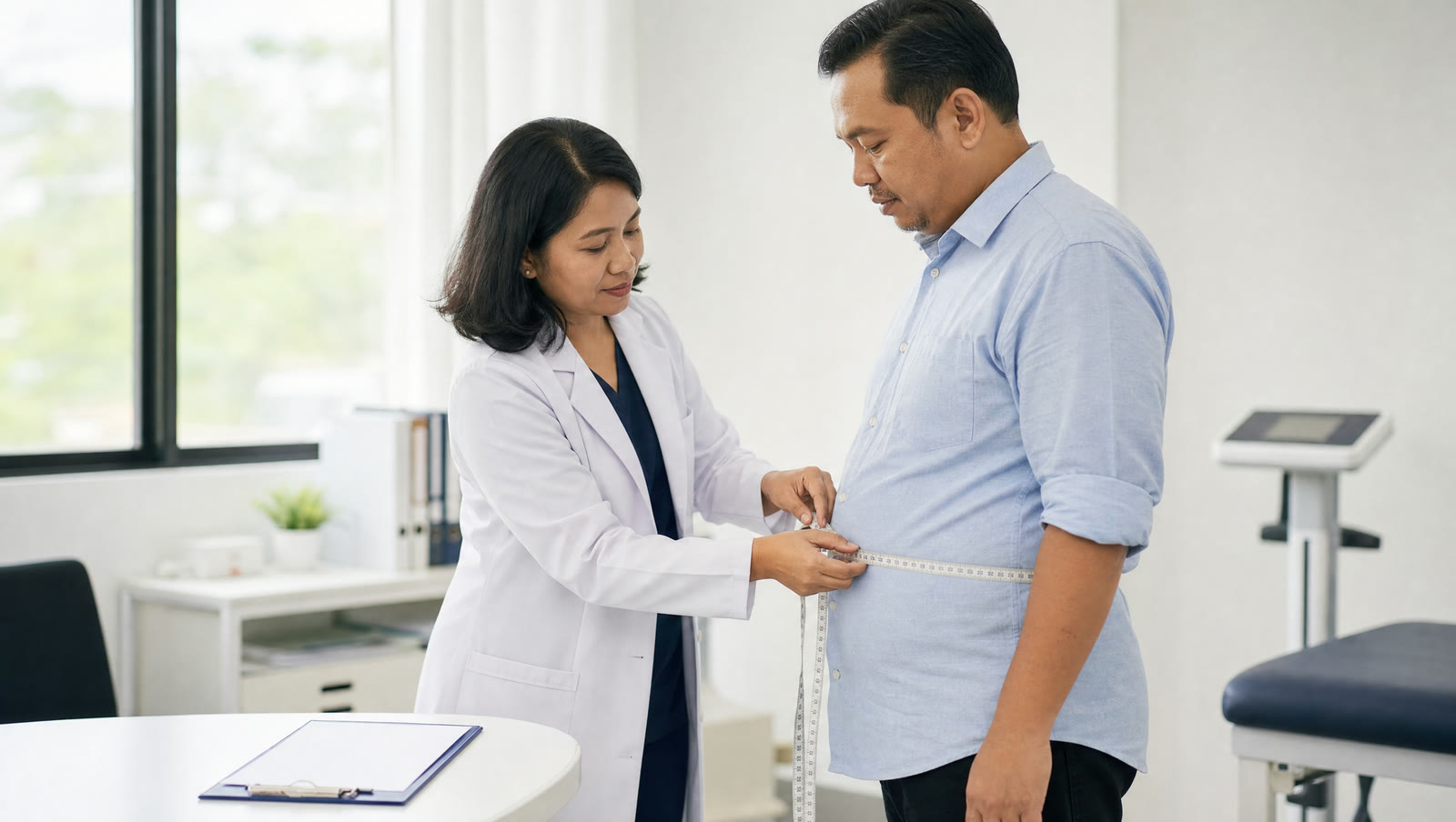 Dokter mengukur lingkar pinggang pasien pria dengan meteran saat pemeriksaan syarat terapi berat badan