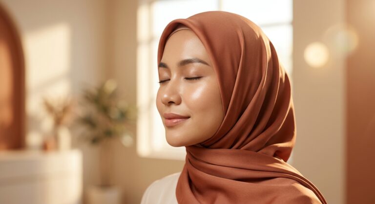 Wanita Indonesia berhijab dengan kulit wajah sehat, cerah, dan revitalisasi setelah perawatan Vitaran PN untuk memperbaiki kulit kusam dan rusak akibat sinar matahari