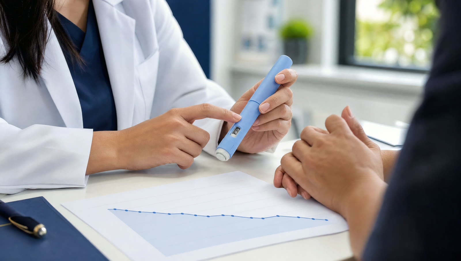 Tangan dokter memegang pen injeksi mingguan Wegovy di atas grafik penurunan berat badan pasien di Skinex Clinic Bintaro
